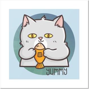 Funny Cute Fat Cat Holding a Fish Posters and Art